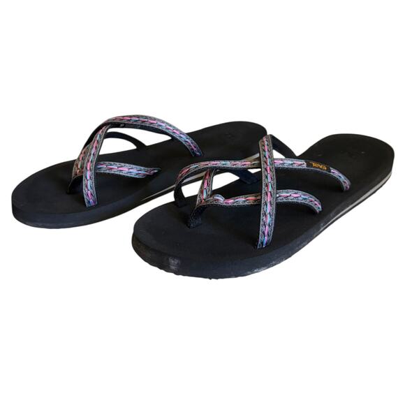 Teva Black Gray Pink Blue Olowahu Strappy Flip Flops 6840 Size 12 - Picture 2 of 8